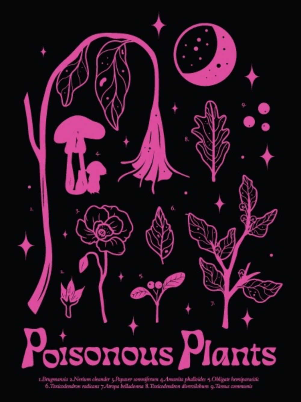 Wicked Clothes 'Poisonous Plants' Pink Botanical Graphic Black T-Shirt Uni M